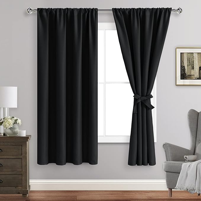 JIUZHEN Blackout Curtains for Bedroom - Thermal Insulated Room Darkening Rod Pocket Curtains for Living Room, Set of 2 Panels with Tiebacks, 38 x 72 Inch Length, Black
