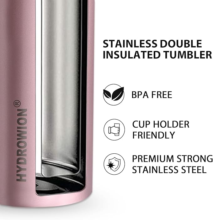 HYDROWION Triple-Insulated Tumblers - Stainless Steel with Lid and Straw, 20 oz Water Bottle, Stainless Steel Cups, Coffee Travel Mug for Home & Office Rose Gold