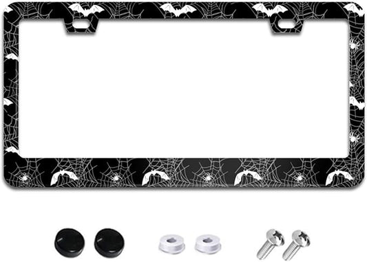 Spider Web Bat License Plate Frame Goth Gothic License Plate Frames Aluminum Car Accessories Cover with 2 Holes and Screws 12 x 6 Inch for Front Rear Car Plate Decor for Women Men