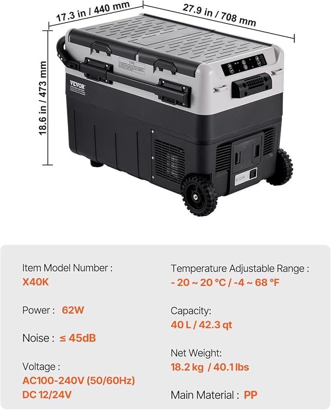 VEVOR X40K Refrigerator 42.3 Qt Dual Storage Zones Car Fridge, Electric Cooler with Telescopic Handle, Portable Freezer for Vehicle Camping Truck Van RV SUV Road Trip Travel, Black