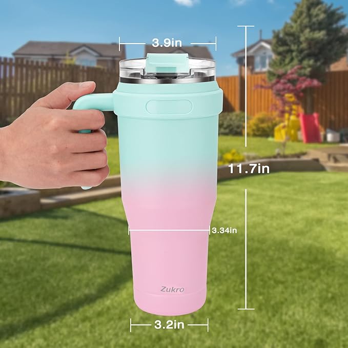 Zukro 50 oz Tumbler With Handle And Straw, Leak-proof Closable Flip Straw Lid, Insulated Stainless Steel Water Bottle for Hot & Cold Drinks, Large Travel Mug Fit in Cup Holder, Dishwasher Safe