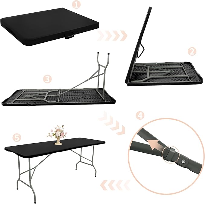 Set of 2 Folding Table 6 FT Lightweight Camping Table Portable Plastic Rectangular Outdoor Dining Table Steel Legs Fold-in-Half with Carrying Handle for Indoor,Picnic,Party,Wedding,Events(Black)