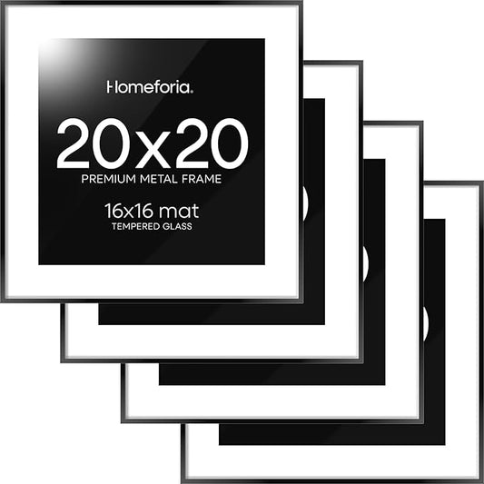 Homeforia 20x20 Picture Frame Black, High End Metal 20x20 Square Poster Frame Matted to 16x16 Print, 20 x 20 Black Frames with Mat 16 x 16 Photo, 20by20 Thin Frames, Tempered Glass, Wall Kit, Set of 4