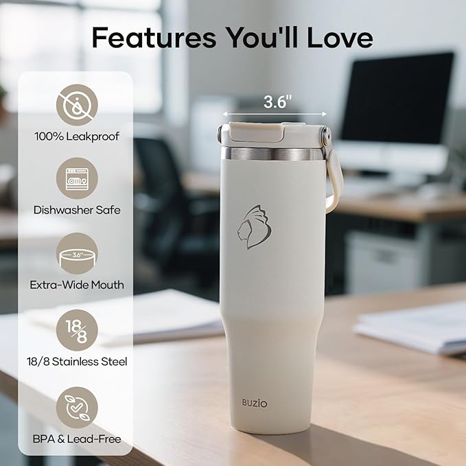 BUZIO 40 oz Tumbler with Handle, Insulated Tumbler with 2-in-1 Lid and Straw, Stainless Steel Vacuum Insulated Iced Coffee Tumbler Cup, Spill-Proof Travel Mug Thermal Cup for Hot and Cold Drinks