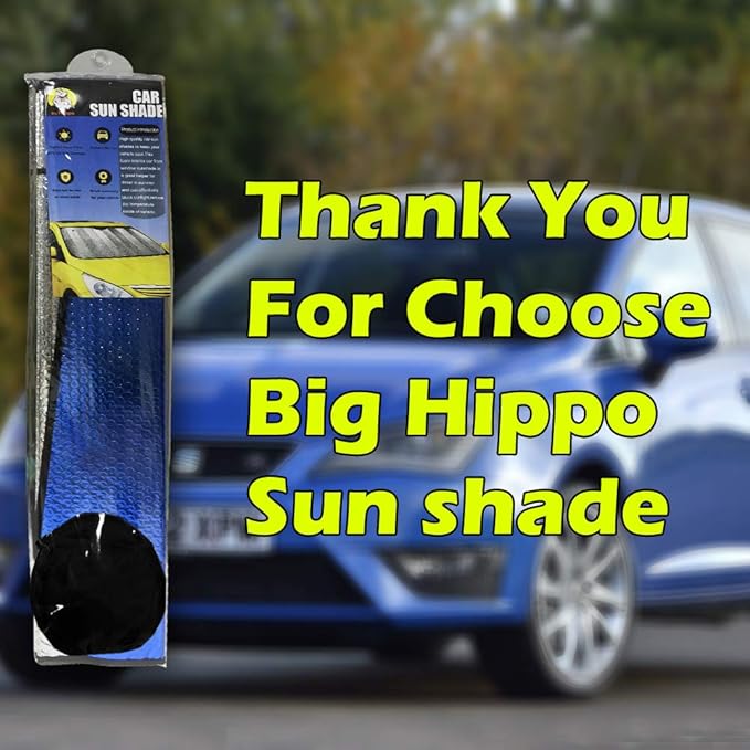 Big Hippo Windshield Sun Shade,Car Sun Shade Side Window as Bonus,Car Sunshade Windshield,Reflect Sunlight Heat and UV Rays, Protect Interior,Keep Vehicle Cool,Silver/Blue(55.16X 27.5inches)