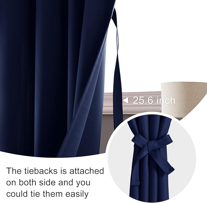 JIUZHEN Blackout Curtains for Bedroom - Thermal Insulated Room Darkening Noise Reducing, 52 x 63 Inch Length Curtains for Living Room, Set of 2 Panels with Tiebacks, Navy Blue