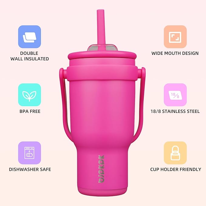 BJPKPK 30 OZ Insulated Travel Tumbler with Handle and Straw, Stainless Steel Water Bottle, Double Wall Vacuum Insulated Mug, for Work, Car, Travel, Rose Red