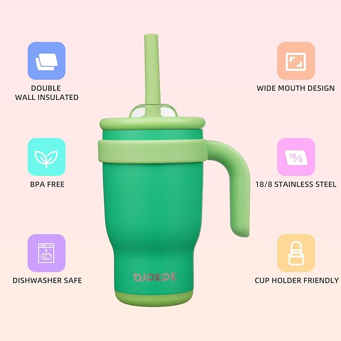 BJPKPK 14 OZ Insulated Travel Tumbler with Handle and Straw, Stainless Steel Water Bottle, Double Wall Vacuum Insulated Mug, for Work, Car, Travel, Olive Green