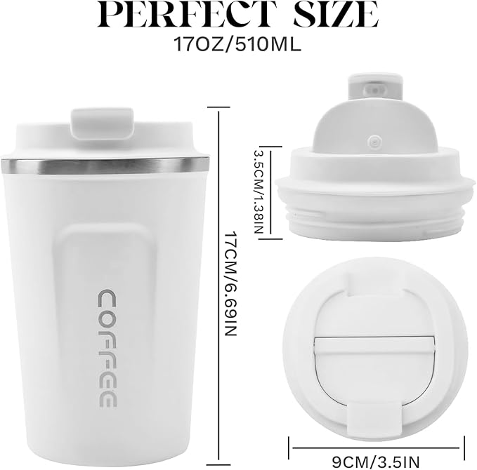 YINBAOGE Insulated Travel Coffee Mug, Spill & Leak Proof, Portable To Go Camping Stainless Steel Coffee Tumbler, Reusable Thermal Coffee Cup with Lid for Hot & Cold Drinks (2nd-White, 17 OZ)