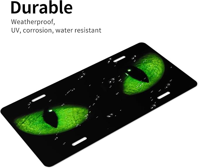 Front License Plate Green Cat Eye Vanity Plates Aluminum Metal Decorative Car Tag Face Novelty License Plate Cover for Men Women 6 * 12 in (4 Holes)