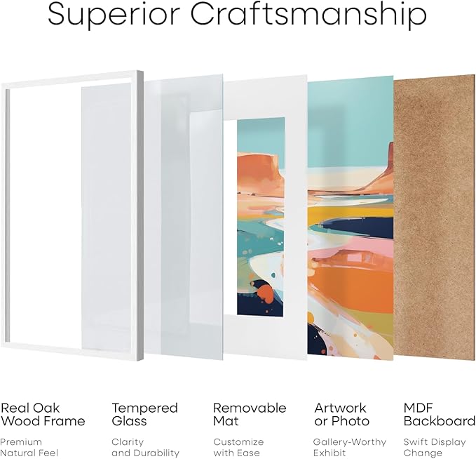 Homeforia 8.5 by 11 Picture Frame White, High End Oak 8.5 x 11 Wood Frames with Mat 6 x 8 inch Photo, 8.5by11 Wooden Frame Matted to 6x8 Art, Wall or Tabletop Frame, Tempered Glass, Wall Kit, Set of 1