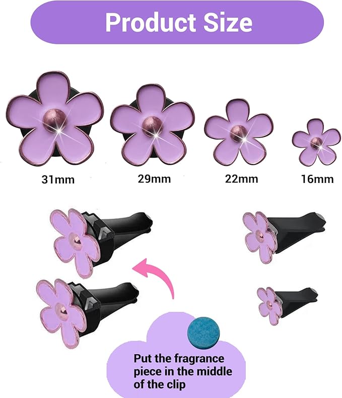 Daisy Flower Car Air Freshener Vent Clips, 4 Pcs Cute Car Accessories for Women Interior, Girly Decor Essentials, Truck Accessories, for Bathroom Office Pet Houses (Purple, 3.1cm 2.9cm 2.2cm 1.6cm)