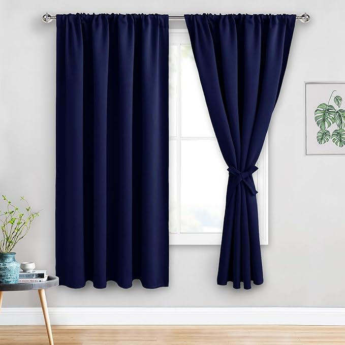 JIUZHEN Blackout Curtains for Bedroom - Thermal Insulated Room Darkening Noise Reducing, 52 x 63 Inch Length Curtains for Living Room, Set of 2 Panels with Tiebacks, Navy Blue