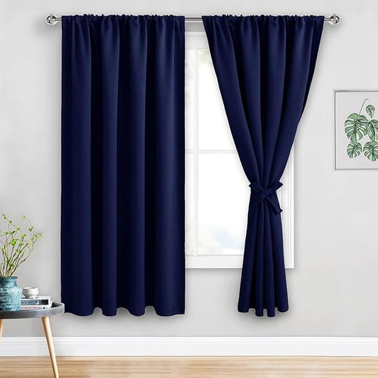 JIUZHEN Blackout Curtains for Bedroom - Thermal Insulated Room Darkening Noise Reducing, 52 x 63 Inch Length Curtains for Living Room, Set of 2 Panels with Tiebacks, Navy Blue
