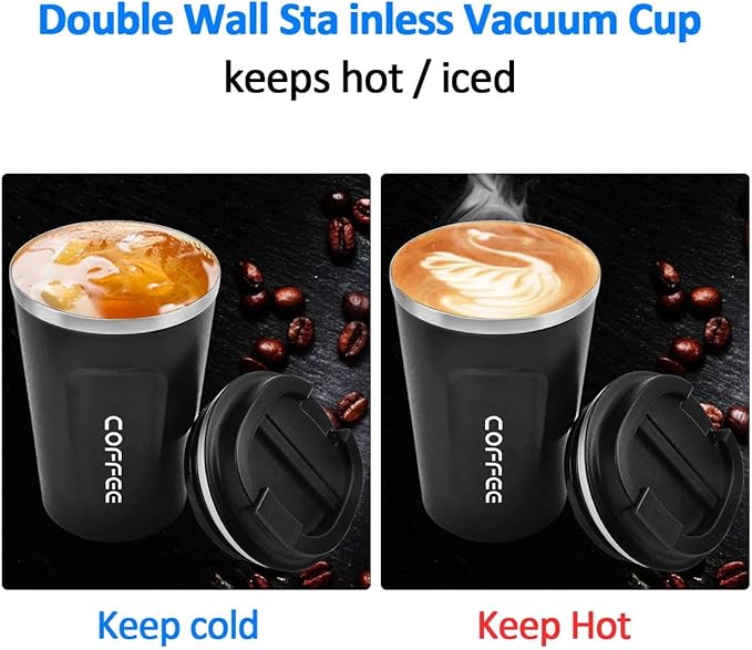 MOMSIV 12oz Travel Mug, Insulated Coffee Cup with Leakproof Lid, Vacuum Stainless Steel Double Walled Reusable Tumbler for Hot and Cold Water Coffee and Tea In Travel and Car Black