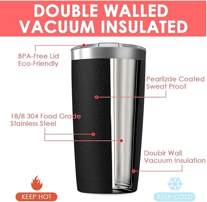 12Pack 20oz Tumbler Vacuum Insulated Travel Mug with Lids, Stainless Steel Double Wall Bulk Cup for Home, Office, Outdoor Suitable for Vehicle Cup Holders (Black)