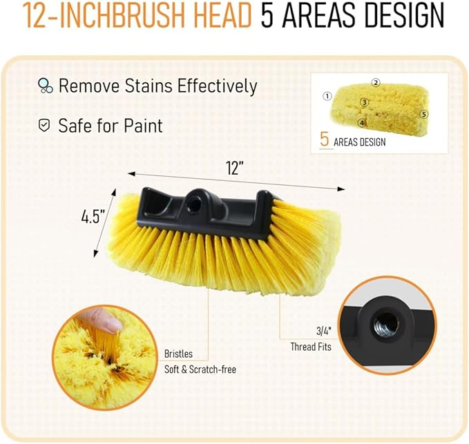 Car Wash Brush with 56" Long Handle | Car Wash 12" Dip Soft Five-Sided Brush | No Scratch Soft Bristle Brush for Car, RV, Boat, Solar Panel House Siding, Snow, Floors Washing