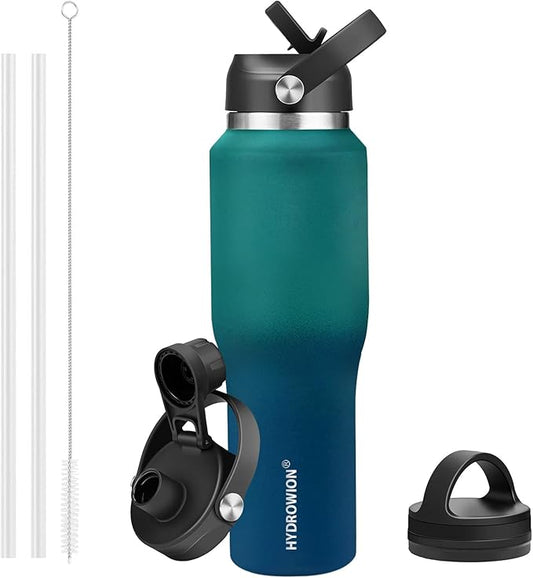 HYDROWION 40 oz Insulated Water Bottle with Straw fit in Car Cup Holder(Cold 48 hrs, Hot 24 hrs) Drinking Bottle with Straw Lid, Spout Lid and Flex Cap Leakproof Travel Thermo Mug,Green - Blue