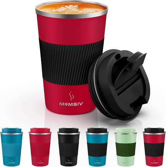MOMSIV 12oz Travel Mug, Insulated Coffee Cup with Leakproof Lid, Vacuum Stainless Steel Double Walled Reusable Tumbler for Hot and Cold Water Coffee and Tea In Travel and Car