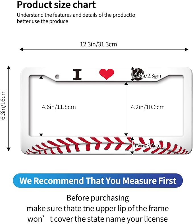 MIOAOSRT I Love Baseball License Plate Frame Baseball Sport License Plate Cover Car Tag Holder Metal License Plate Frame Fits Standard U.S.Vehicles 12x6 Inch