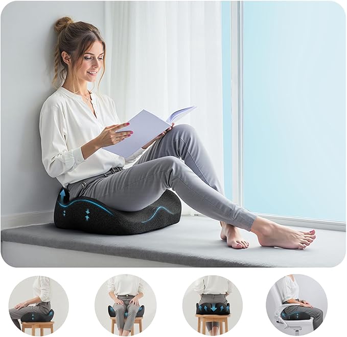 Memory Foam Seat Cushion for Office Chair, Car, Wheelchair – Coccyx Tailbone Support Pad for Sciatica & Back Pain Relief, Ergonomic Chair Cushion for Home, Travel, Work Desk (Dark Gray)