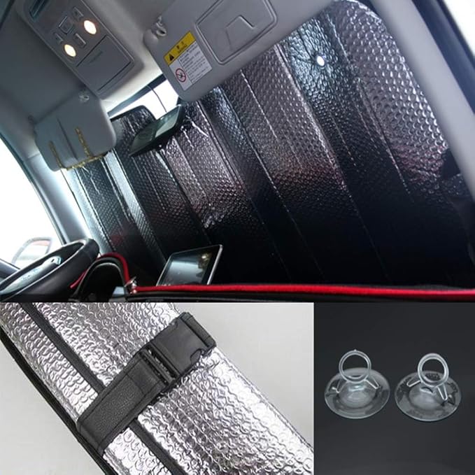Car Windshield Sunshade-Thicken 5-Layer Bubble Block Heat and Sun UV Rays, Front Windshield Sun Shade- Keeps Your Vehicle Cool - 58 x 27.5 Inch … (New Silver)