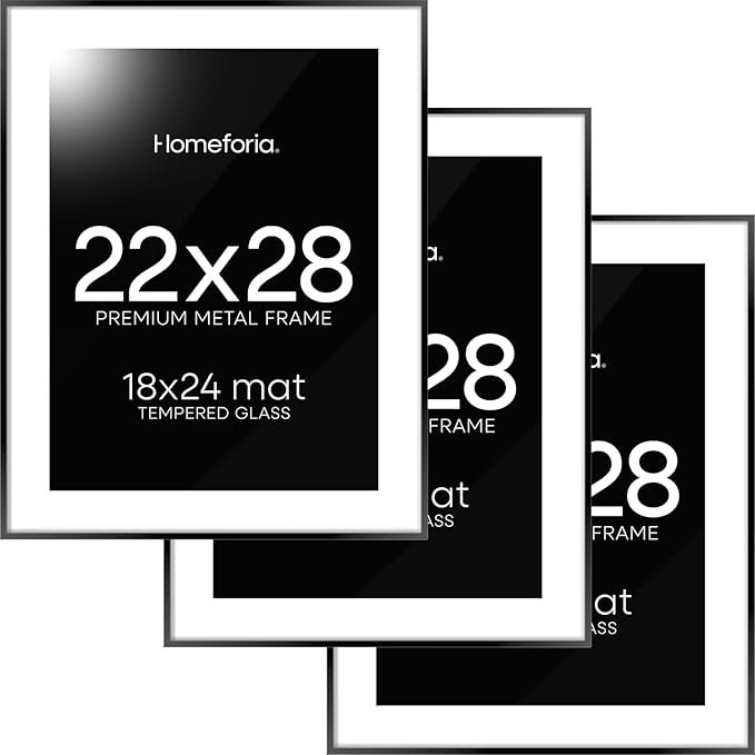 Homeforia 22x28 Poster Frame Black, High End Metal 22 x 28 Large Picture Frames with Mat 18 x 24 for Photo, 22x28 Thin Frame Matted to 18x24 inch Print, 28x22 Frame, Tempered Glass, Wall Kit, Set of 3