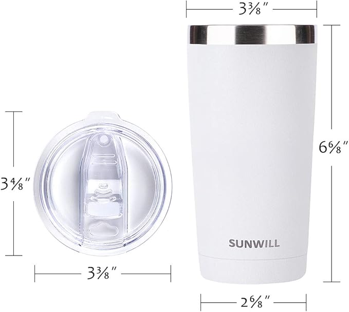 SUNWILL Travel Coffee Tumbler 20 oz, Insulated Mug with Lid, Stainless Steel Cup for Hot and Cold Drinks, Powder Coated White