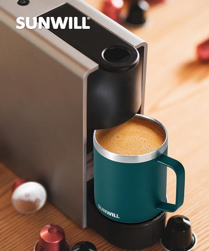 SUNWILL Travel Coffee Mugs Set of 4, Insulated Cup with Lid, 14oz Stainless Steel Tumbler with Handle Bulk for Gift, Camping, Office, Powder Coated Forest Green