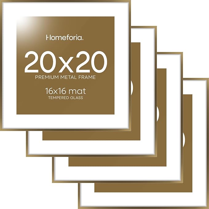 Homeforia 20x20 Picture Bronze Frames, High End Metal 20 x 20 Square Poster Frame with Mat 16 x 16 Photo, 20x20 Brass Frame Matted to 16x16 Print, 20by20 Thin Frames, Tempered Glass, Wall Kit, Set of 4