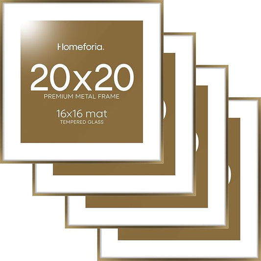 Homeforia 20x20 Picture Bronze Frames, High End Metal 20 x 20 Square Poster Frame with Mat 16 x 16 Photo, 20x20 Brass Frame Matted to 16x16 Print, 20by20 Thin Frames, Tempered Glass, Wall Kit, Set of 4