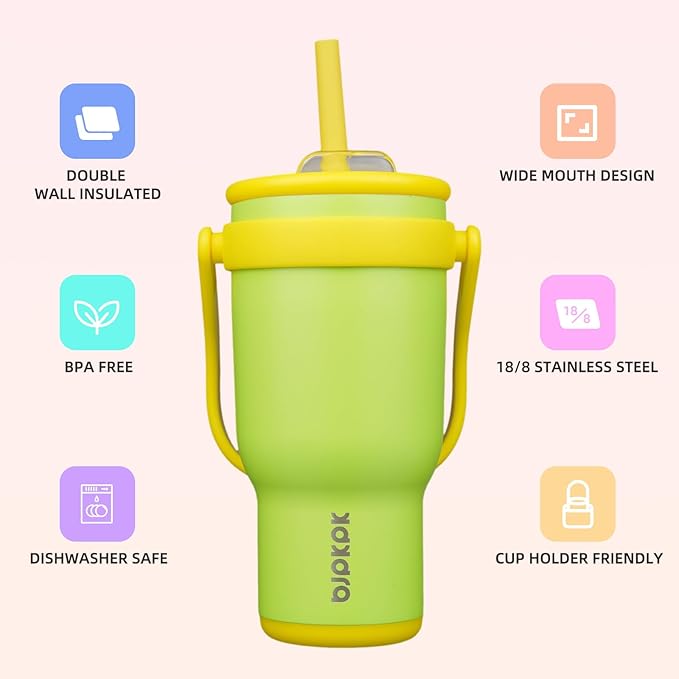 BJPKPK 30 OZ Insulated Travel Tumbler with Handle and Straw, Stainless Steel Water Bottle, Double Wall Vacuum Insulated Mug, for Work, Car, Travel, Green