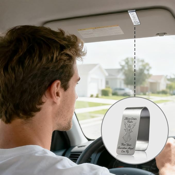 Never Drive Faster Than Your Guardian Angel Can Fly Engraved Stainless Steel Car Visor Clip, Funny Guardian Angel Safe Driving Gifts for Family Friend, Drive Safe Reminder Gifts