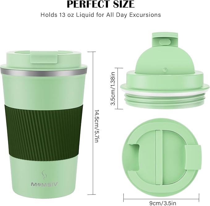 MOMSIV 12oz Travel Mug, Insulated Coffee Cup with Leakproof Lid, Vacuum Stainless Steel Double Walled Reusable Tumbler for Hot and Cold Water Coffee and Tea In Travel and Car (Green-380ml)