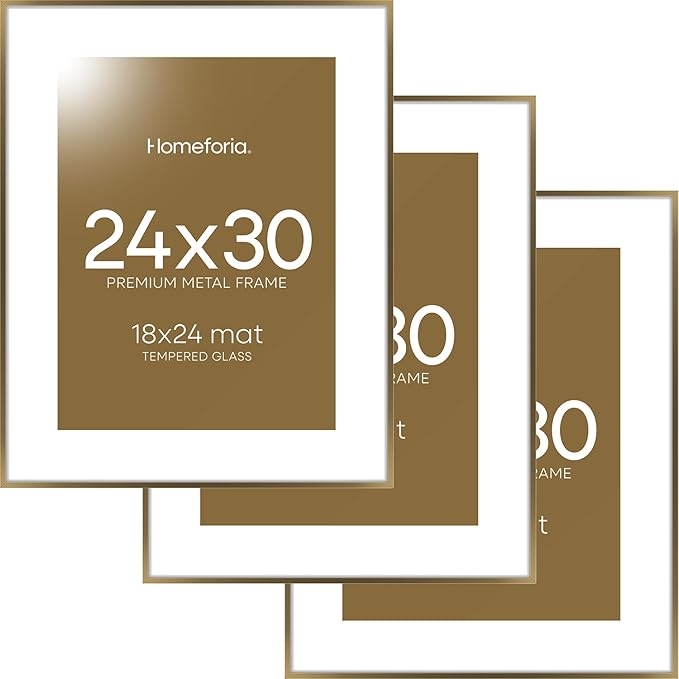 Homeforia 24 x 30 Bronze Frame, High End Metal 24x30 Large Poster Frames with Mat 18x24 for Photo, 24 x 30 Brass Picture Frame Matted to 18 by 24 Print, 30x24 Frame, Tempered Glass, Wall Kit, Set of 3
