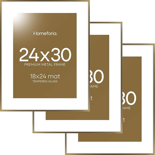 Homeforia 24 x 30 Bronze Frame, High End Metal 24x30 Large Poster Frames with Mat 18x24 for Photo, 24 x 30 Brass Picture Frame Matted to 18 by 24 Print, 30x24 Frame, Tempered Glass, Wall Kit, Set of 3