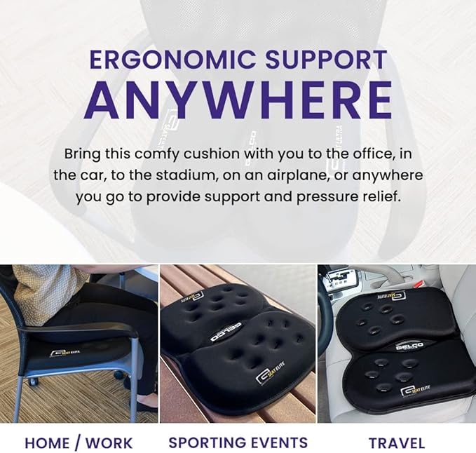 GSeat Elite Orthopedic Gel and Foam Seat Cushion for Coccyx, Back, Tailbone, Prostate, Postnatal, and Sciatica - Black