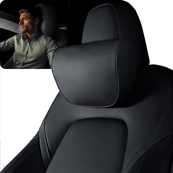 HOPON Headrest Pillow for Tesla Model 3 Model Y with Adjustable Strap,Tesla Neck Pillow with Leather,for Head,Neck,Shoulders,Multipurpose,Tesla Accessories 1 Pack (Black)