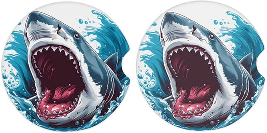 Cup Holder Coaster for Car, 2 Pack Car Coasters for Cup Holders, Cork Base Car Cup Coasters for Drinks, Universal Funny Aesthetic Car Accessories for Women Men, Table Coaster Home Decor (Shark)