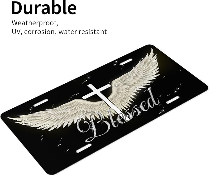 Front License Plate Wing Cross Blessed Vanity Plates Aluminum Metal Decorative Car Tag Novelty License Plate Cover for Men Women 6 * 12 in (4 Holes)