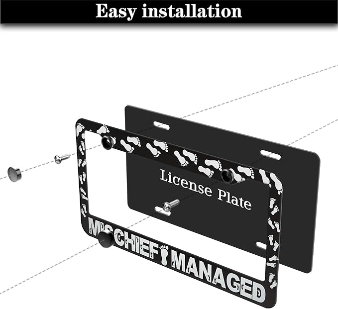 Automotive Exterior Accessories Black and White License Plate Frames Mischief Managed Universal Aluminum Car Accessory 2 Pack with Screw Covers Set