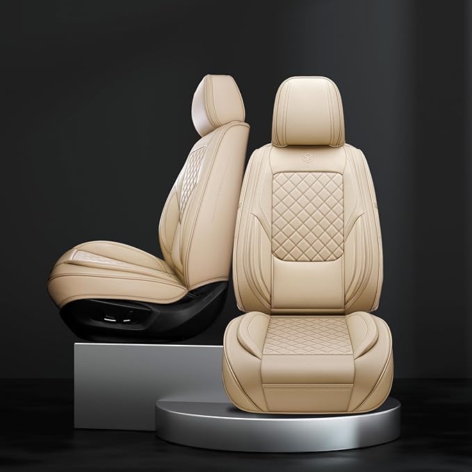 Premium Leather Car Seat Covers, Universal Fit for Cars SUVs Trucks and Sedans, Waterproof Car Seat Cushion with Airbag Compatible & Scratch-Resistant, Beige Seat Covers for 5 Seats