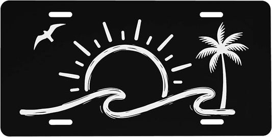Front License Plate Sunset Palm Tree Seagull Vanity Plates Aluminum Metal Decorative Car Tag Novelty License Plate Cover for Men Women 6 * 12 in (4 Holes)