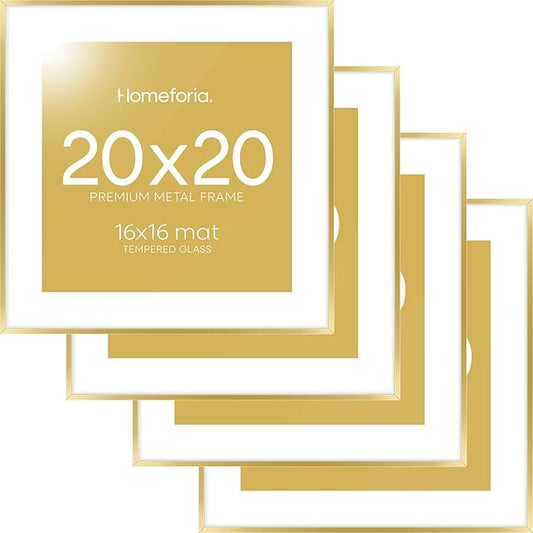 Homeforia 20x20 Picture Frame Gold, High End Metal 20 x 20 Square Poster Frame with Mat 16 x 16 Photo, 20x20 Frame Matted to 16x16 Print, 20by20 Gold Hanging Frames, Tempered Glass, Wall Kit, Set of 4