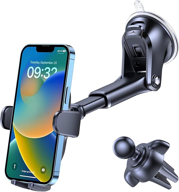 OQTIQ 3-in-1 Car Phone Mount – Dashboard, Windshield & Air Vent Holder with Strong Suction Cup, Adjustable Arm, 360° Rotation – Compatible with iPhone & Android Phones