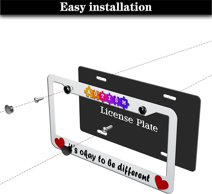 Automotive Exterior Accessories Multicolor License Plate Frames Autism It’s Okay to Be Different Aluminum Metal Car Accessory 2 Pack with Screw Covers Set
