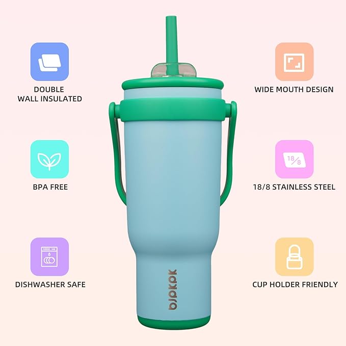 BJPKPK 40 OZ Insulated Travel Tumbler with Handle and Straw, Stainless Steel Water Bottle, Double Wall Vacuum Insulated Mug, for Work, Car, Travel, Ice Blue