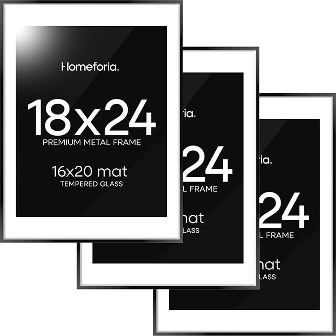 Homeforia 18x24 Poster Frame Black, High End Metal 18 x 24 Picture Frames with Mat 16 by 20 inch Photo, 18x24 Black Frame Matted to 16x20 Print, 24x18 Hanging Frame, Tempered Glass, Wall Kit, Set of 3