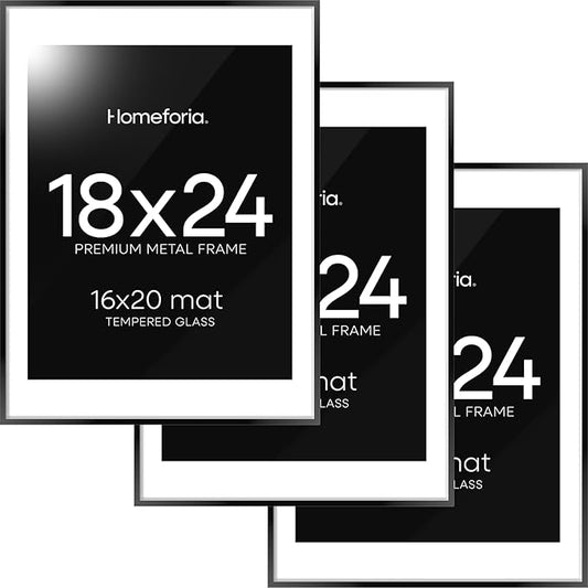Homeforia 18x24 Poster Frame Black, High End Metal 18 x 24 Picture Frames with Mat 16 by 20 inch Photo, 18x24 Black Frame Matted to 16x20 Print, 24x18 Hanging Frame, Tempered Glass, Wall Kit, Set of 3