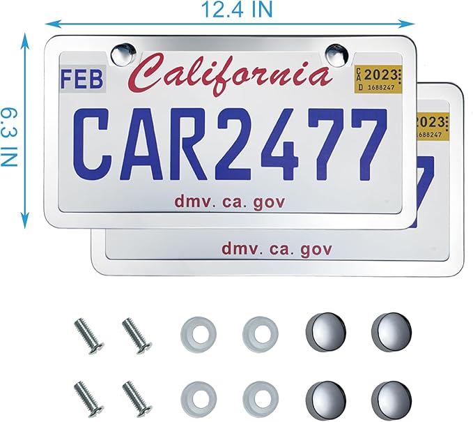 Solid Silver License Plate Frames 2 Pack, 2 Holes Rust-Proof License Plate Holder, Universal Car Stainless Steel License Plate Frame for Women & Man (Screws & Chrome Caps) by Lengnoyp